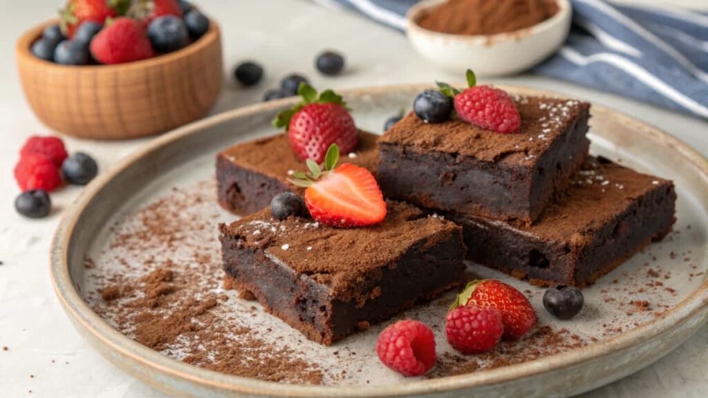 Vegan protein brownies topped with fresh berries