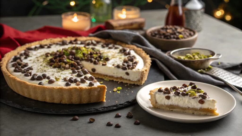 A whole cannoli pie with a slice removed, topped with chocolate chips and pistachios.