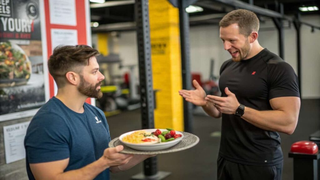 Two men in a gym talking, with one holding a plate of food that includes eggs, fruit, and vegetables.

