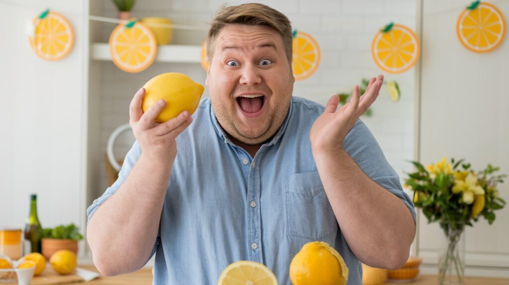 Is lemon low carb? Overweight man holding a lemon, looking surprised in a kitchen.