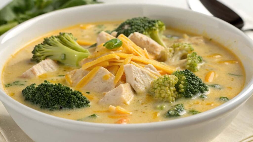 Creamy Chicken Broccoli Cheddar Soup with tender chicken, fresh broccoli, and melted cheddar, served hot with crusty bread.