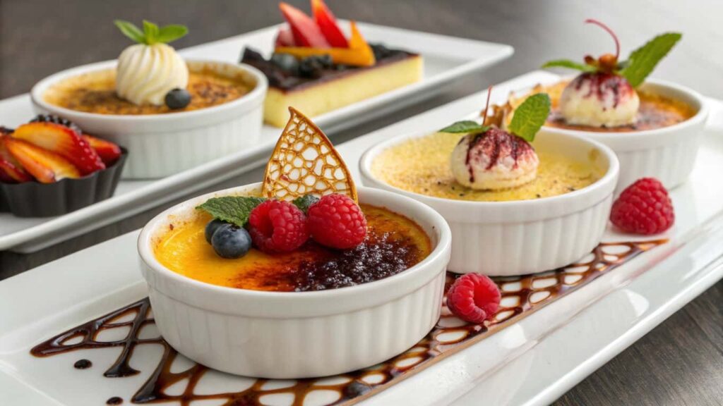 A selection of elegantly plated crème brûlée in white ramekins, topped with fresh berries, caramel decorations, and artistic garnishes, served on a drizzle of chocolate sauce.