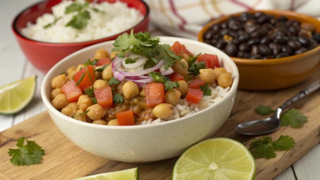 A steaming bowl of Cuban garbanzo beans recipe garnished with fresh cilantro and served with lime and bread.