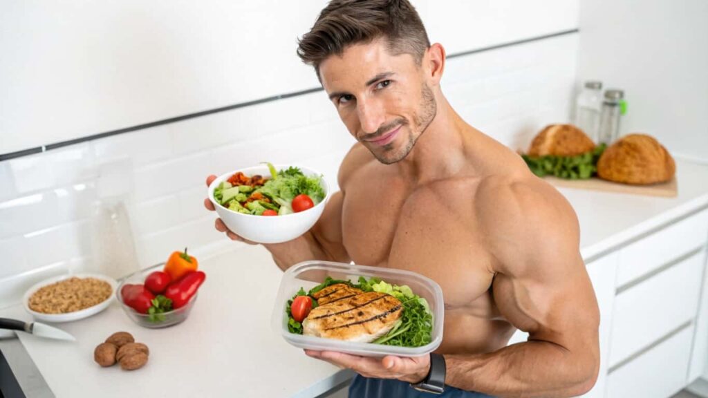 A fit, muscular man in a kitchen holding a healthy meal prep container with grilled chicken and greens in one hand and a fresh salad bowl in the other, surrounded by nutritious ingredients.