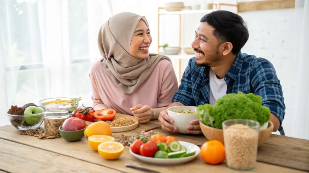 Happy couple with Low-carb recipes and healthy foods at a rustic table, smiling in a bright setting.