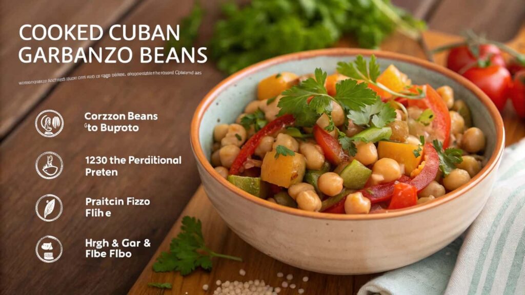 A bowl of Cuban-style cooked garbanzo beans with fresh vegetables like bell peppers, tomatoes, and cilantro, placed on a wooden surface with tomatoes and parsley in the background.