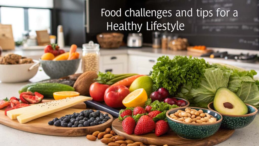 A variety of fresh fruits, vegetables, nuts, and cheese arranged on a kitchen counter, promoting healthy eating and food challenges.