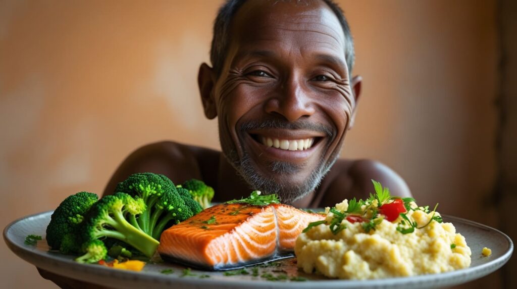 Smiling man holding a keto-friendly meal with salmon, broccoli, and mashed cauliflower, How to Eat Keto When You’re Poor.