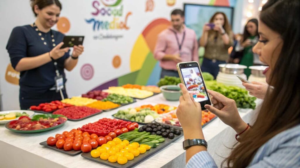 Social media food challenge scene with egg-based dishes and a smartphone capturing the creations.