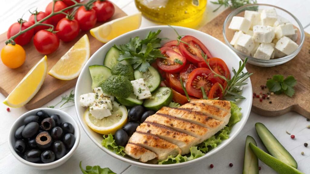  A Mediterranean-inspired low-carb salad bowl with grilled chicken, cucumbers, tomatoes, feta cheese, olives, and fresh herbs, surrounded by ingredients like lemon wedges, cherry tomatoes, and olive oil.