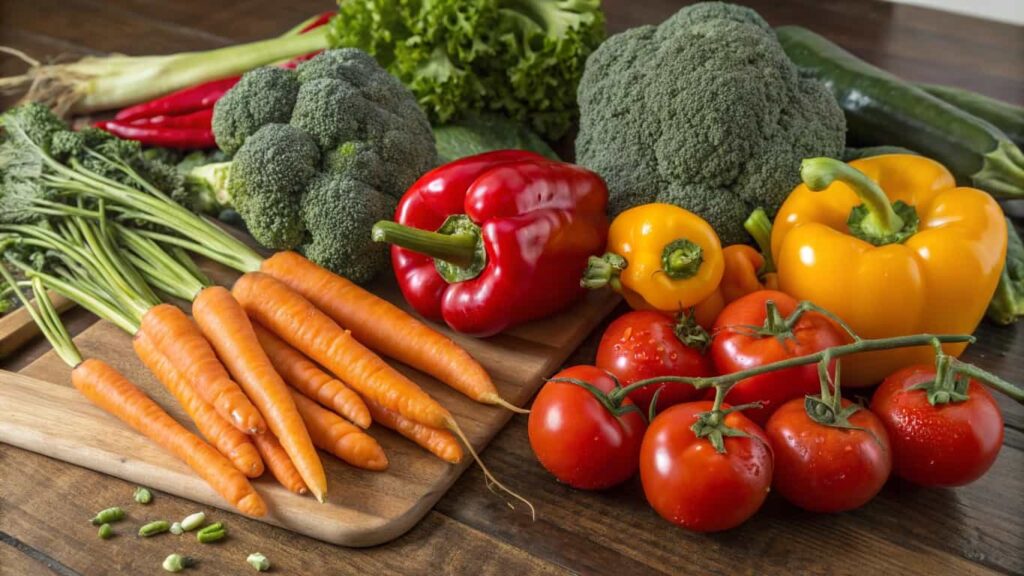 A selection of high-carb vegetables including potatoes, corn, peas, and sweet potatoes displayed on a rustic wooden table, that show a clear vision of What Vegetables Are Not Low Carb