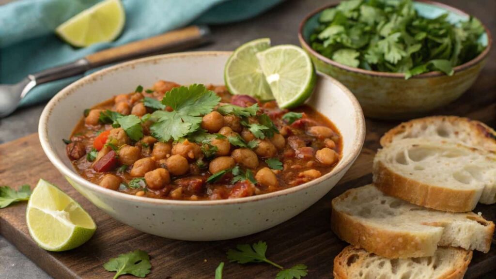 A bowl of Cuban-style garbanzo beans topped with cilantro, served with lime and bread slices on the side.