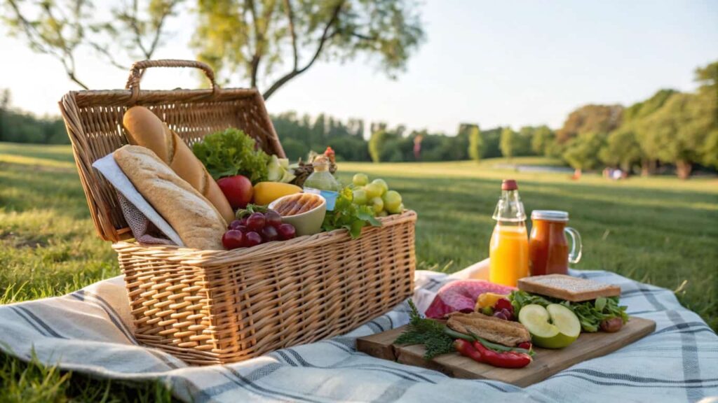 What to pack for a healthy picnic? A picnic spread featuring wraps, fruit kabobs, veggie sticks, quinoa salad, and refreshing drinks in a sunny park setting.