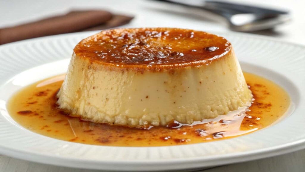 A classic crème caramel (flan) with a rich, golden caramel top, served on a white plate with caramel sauce pooling around the base.