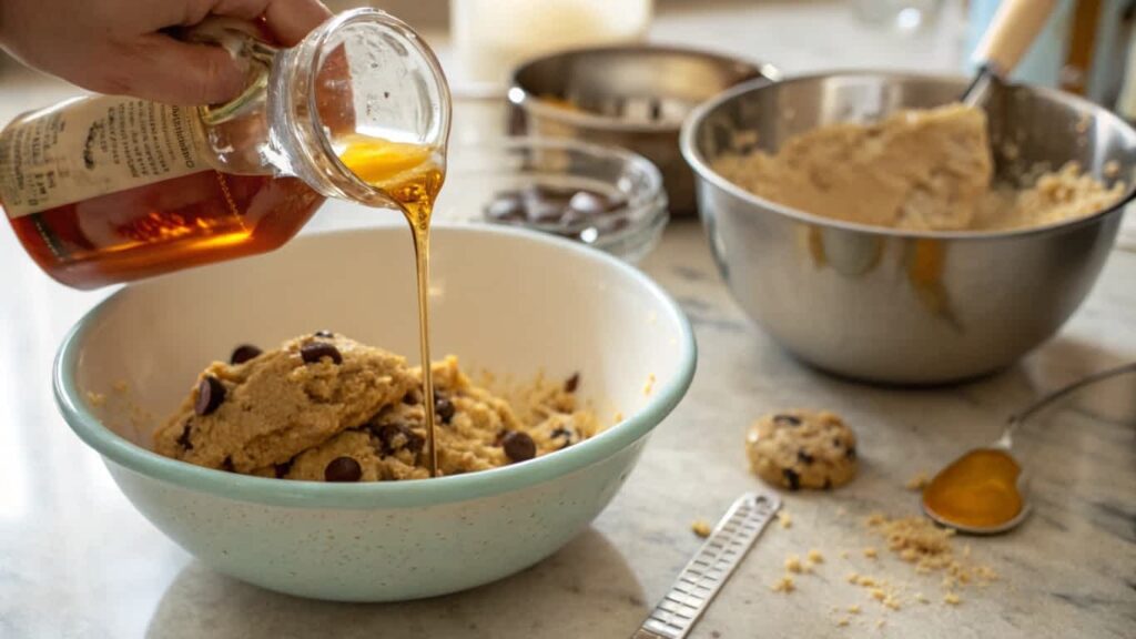 Drizzling corn syrup into cookie dough for soft cookies.