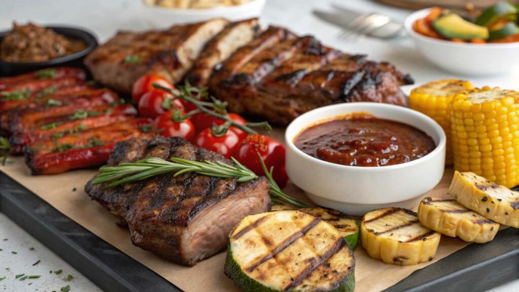 Low-carb BBQ spread with keto-friendly BBQ sauce and grilled meats