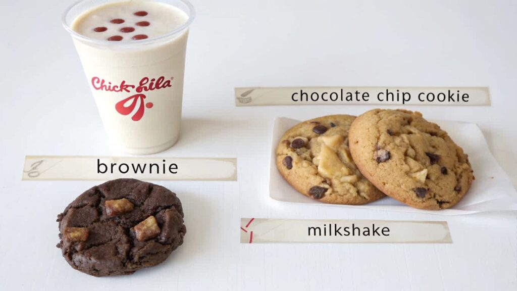 Comparison of Chick Fil A brownie, cookie, and milkshake with nutritional labels