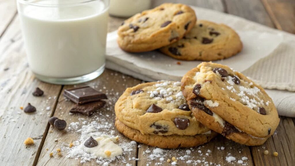 Freshly baked chocolate chip cheesecake cookies on a wooden table