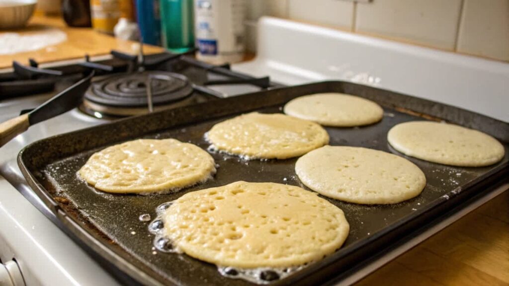 Fluffy hotcakes cooking on a griddle