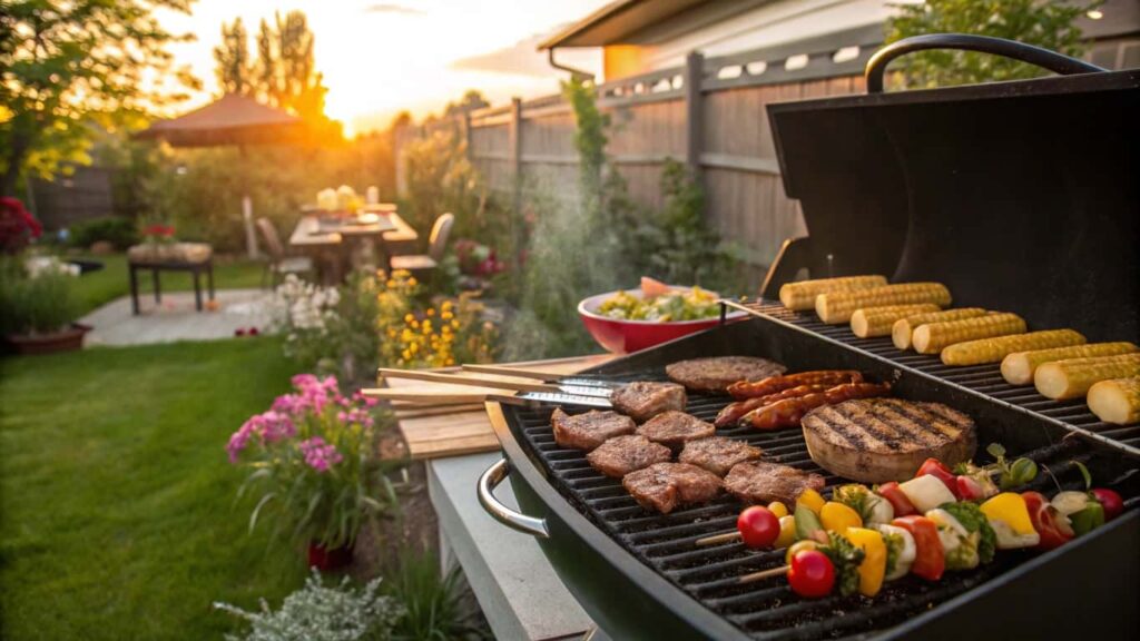 Low-carb barbecue spread with grilled meats and veggies in a backyard.