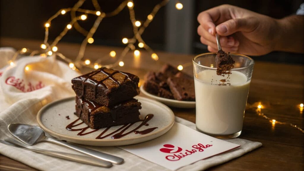 A person enjoying a Chick Fil A brownie with a glass of milk