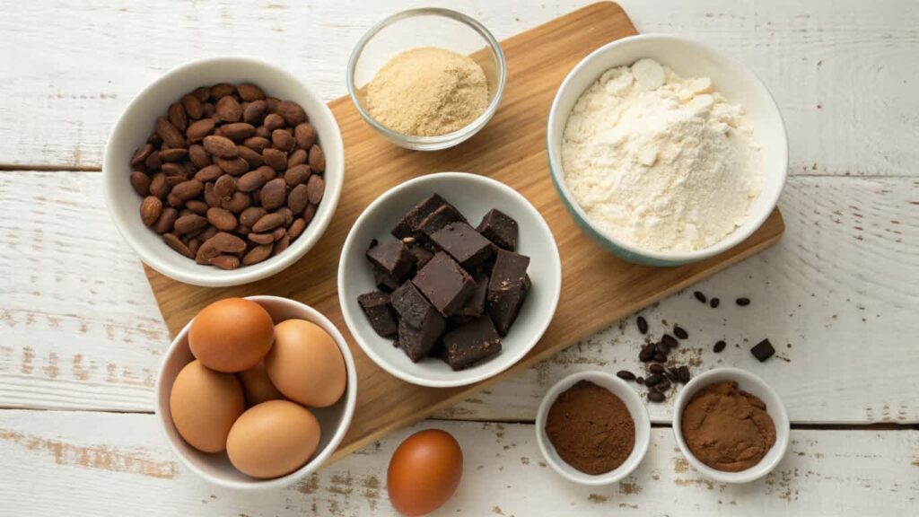 Ingredients for protein brownies laid out on a wooden table.
