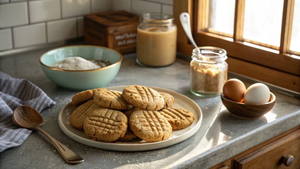 Plate of freshly baked peanut butter cookies on a countertop