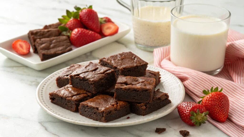 Protein brownies served with strawberries and milk