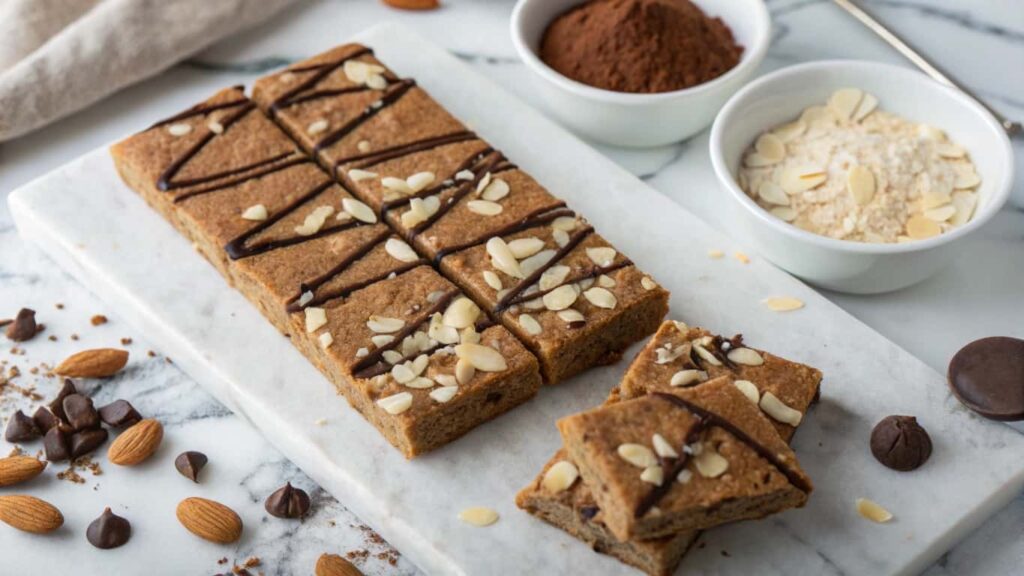 Homemade low-carb protein bars on a marble countertop with almond slivers and chocolate drizzle