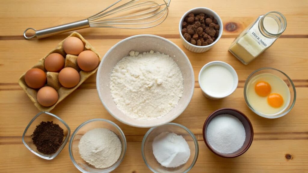 Hotcake mix ingredients on a wooden countertop