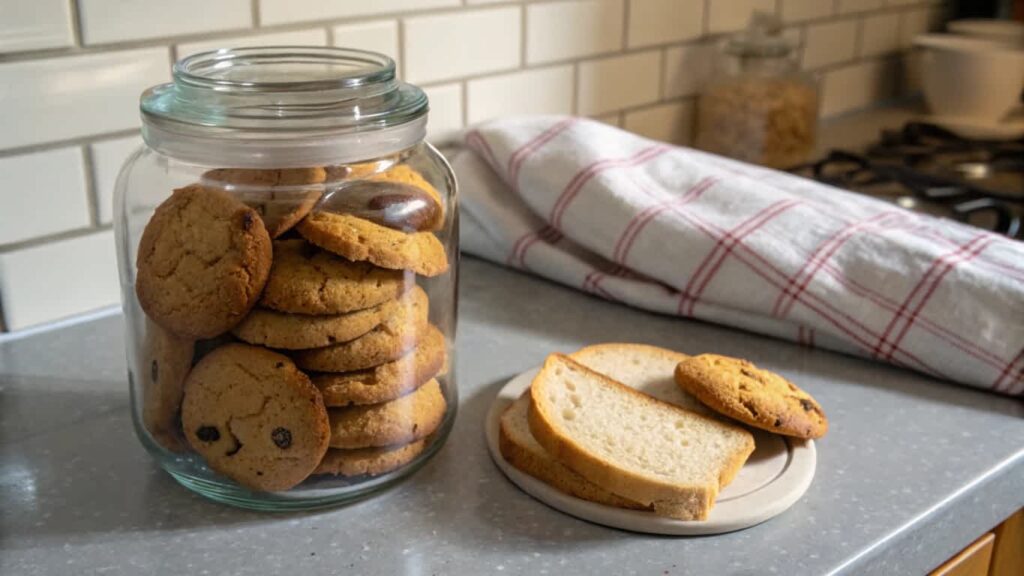 A jar of cookies stored with a slice of bread to keep them soft.

