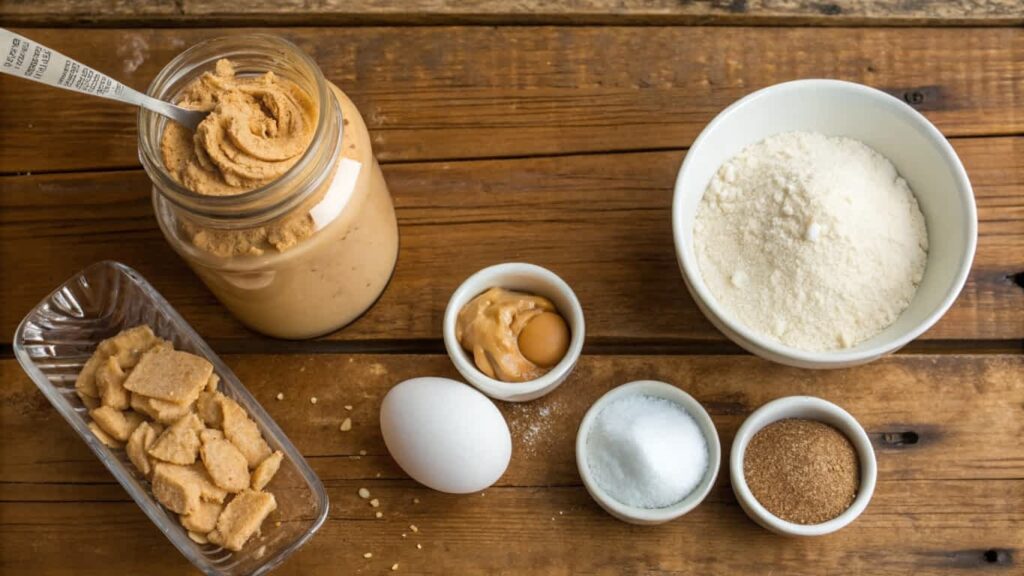 Peanut butter cookie ingredients on a wooden surface