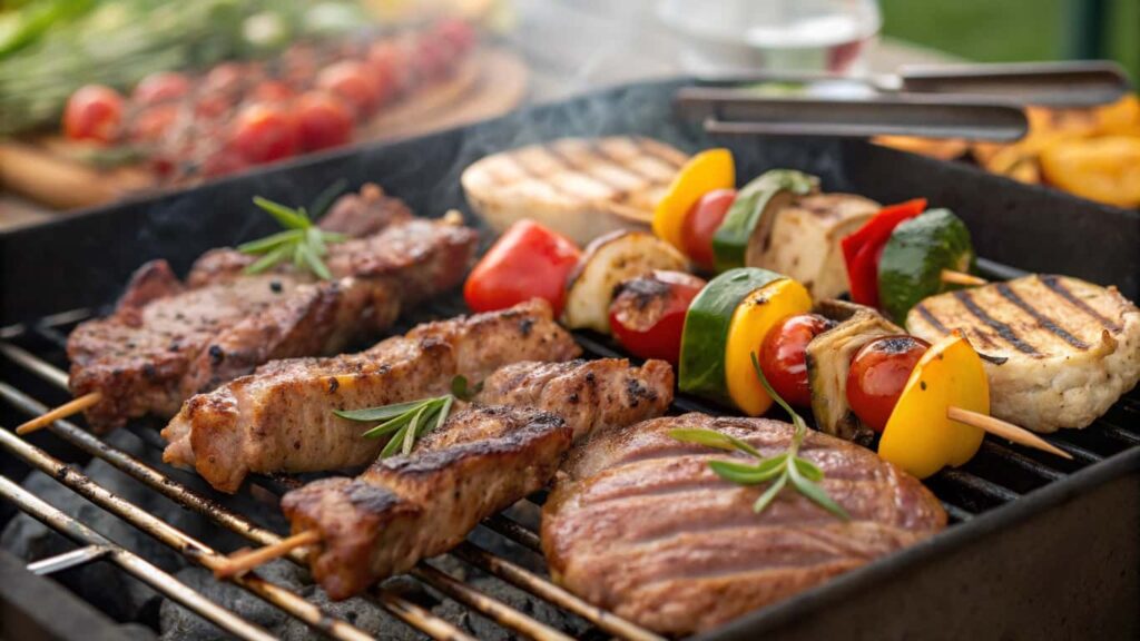 A barbecue grill with keto-friendly meats and vegetables