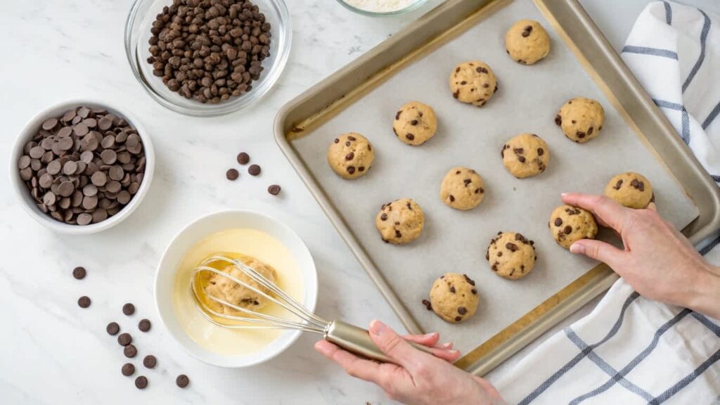 Assembling chocolate chip cheesecake cookies on a baking tray.
