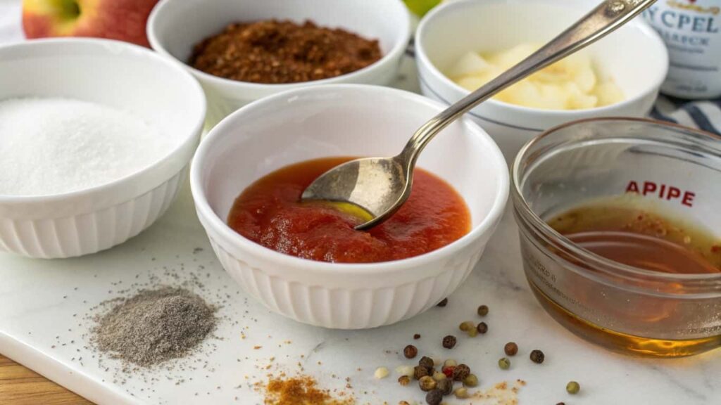 Ingredients for homemade keto BBQ sauce, including tomato paste, spices, and sweeteners