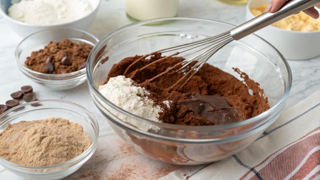 Mixing brownie batter with protein powder in a glass bowl