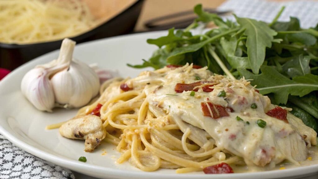 A serving of Monterey chicken spaghetti with a green salad and garlic bread.