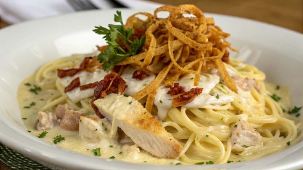 A delicious plate of Monterey chicken spaghetti with creamy sauce and crispy topping