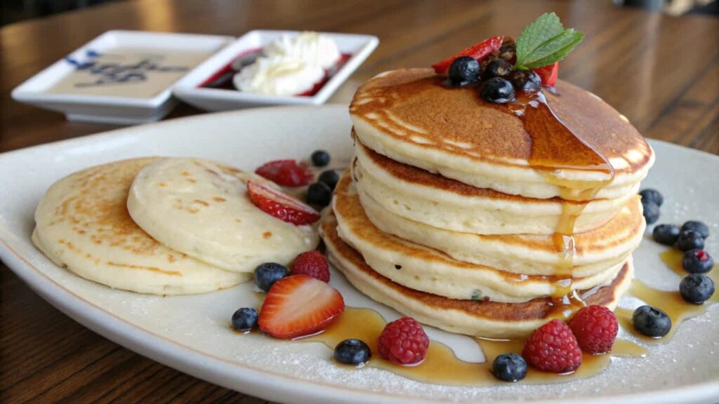 Two stacks of pancakes: one lighter and one fluffier