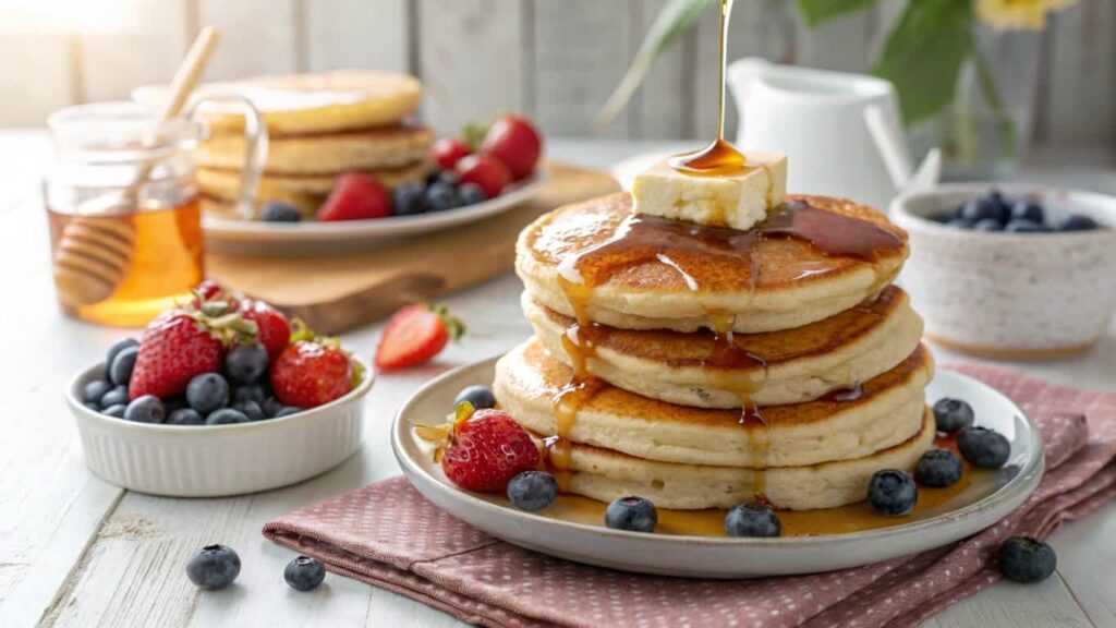 Stack of pancakes and hotcakes with syrup and fruit