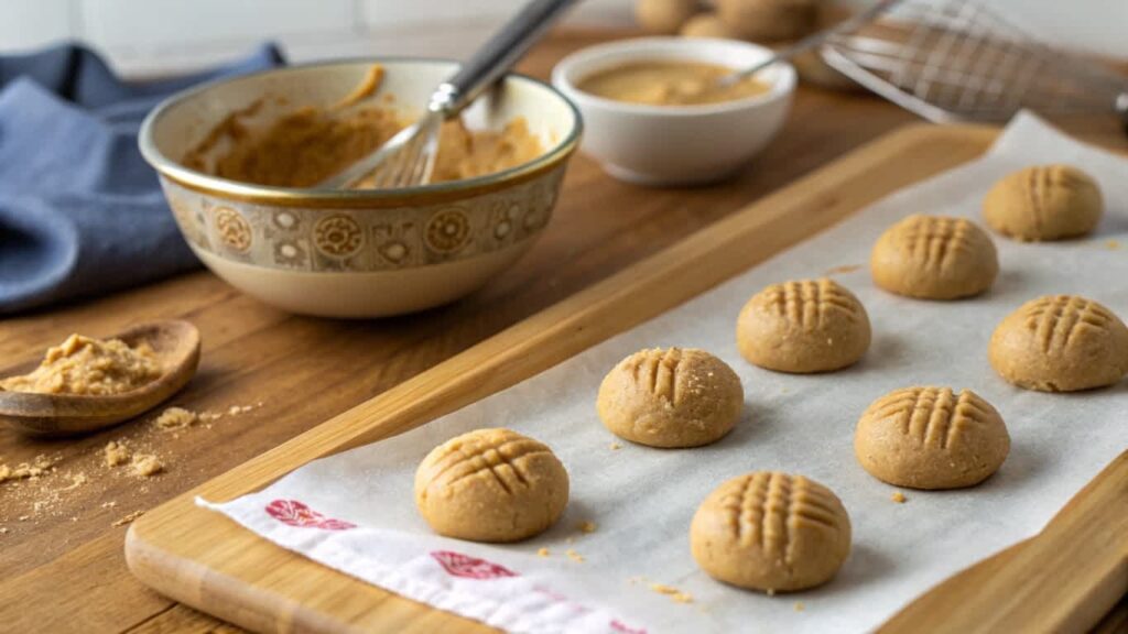 Peanut butter cookie dough balls on a wooden countertop

