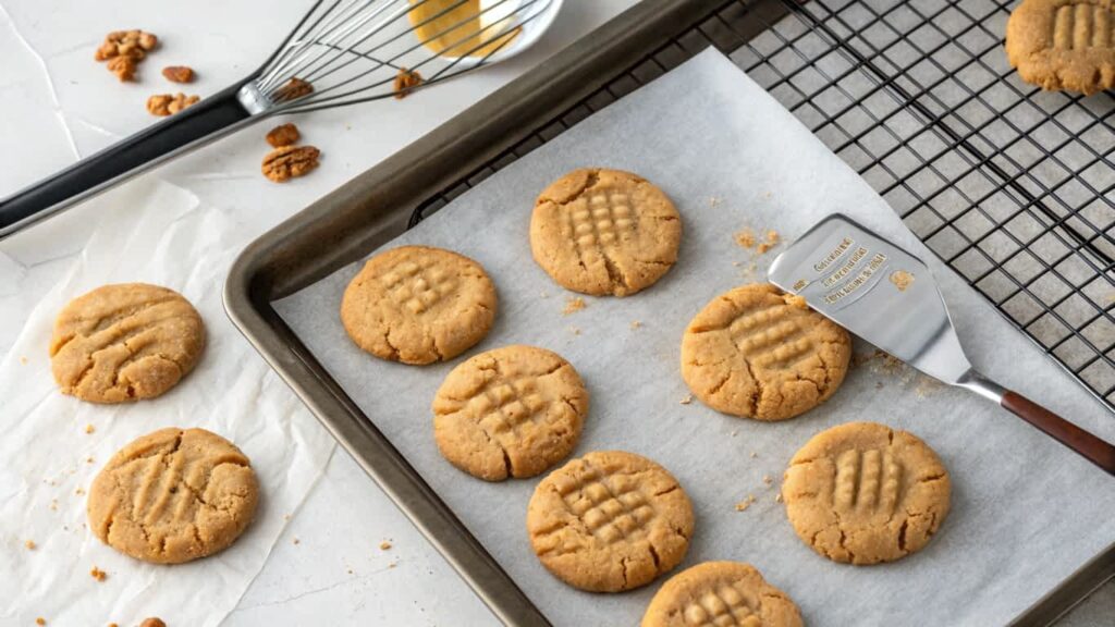 Freshly baked peanut butter cookies cooling on a wire rack

