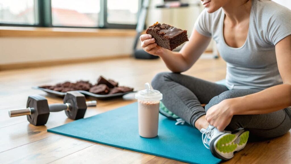 Fitness enthusiast enjoying a protein brownie post-workout