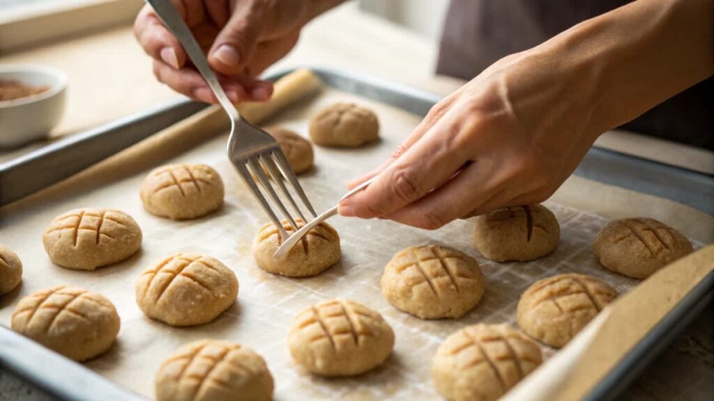 Shaping 4 ingredient peanut butter cookie dough on a tray
