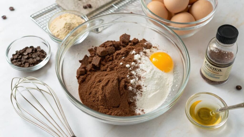 Mixing protein brownie batter with ingredients on a countertop