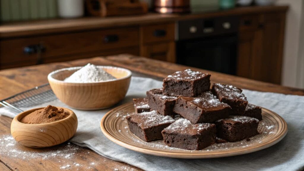 Chocolate brownies with protein powder on a rustic table