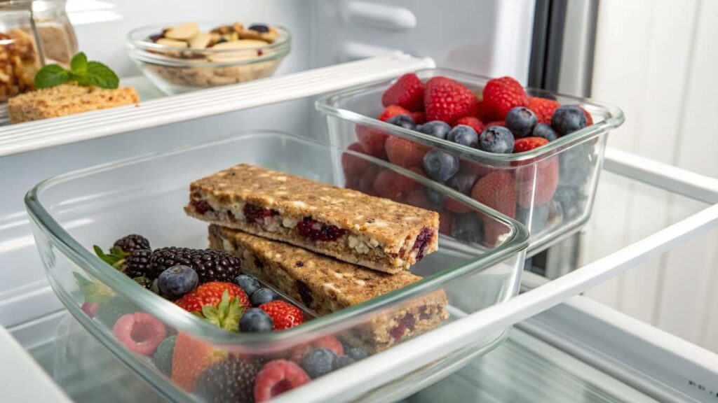 Low-carb protein bars stored in a glass container inside a modern refrigerator