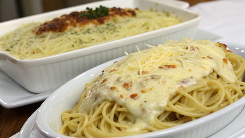 Two plates of spaghetti featuring Monterey Jack cheese—one with a creamy white sauce and another baked with a golden, cheesy crust.