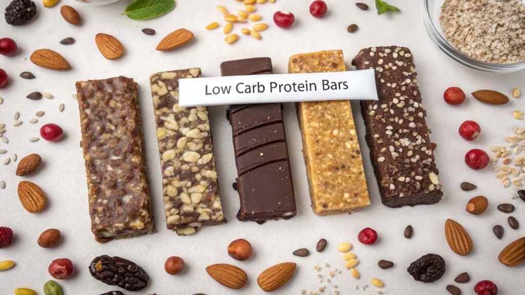 A selection of low-carb protein bars with nuts, seeds, and chocolate on a wooden table.