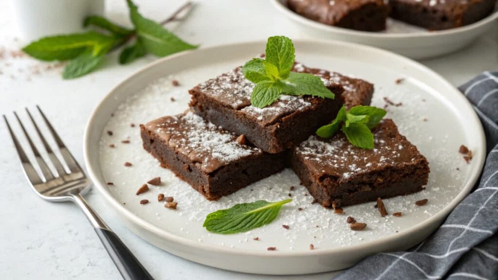 Vegan protein brownies garnished with mint leaves on a white plate